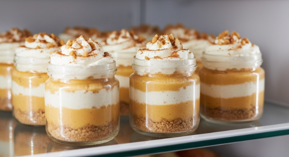 Garnishing No-Bake Pumpkin Spice Cheesecake Cups with cinnamon and crumble