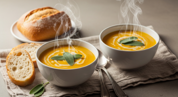 Bowl of butternut squash soup with sage and crusty bread