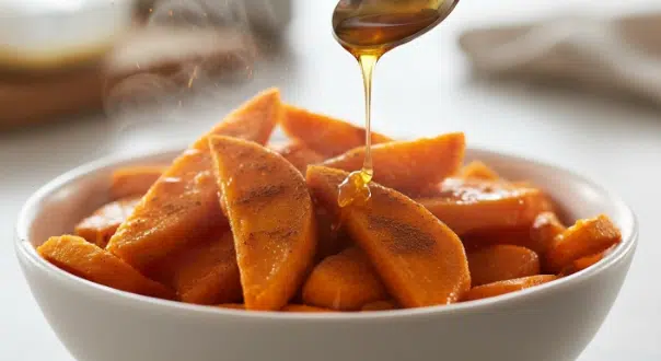Finishing wedges with a drizzle of maple and a pinch of cinnamon