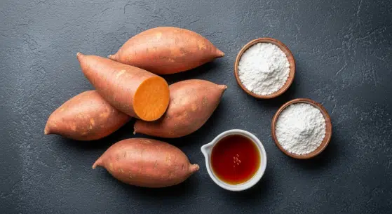 Ingredients for maple-cinnamon air fryer sweet potato wedges arranged in small bowls