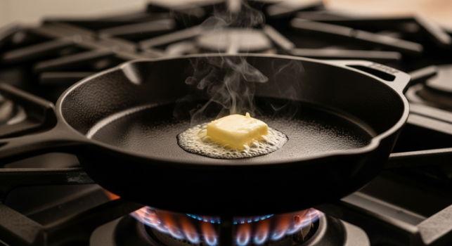 Butter melting in skillet for Halloween French Toast Recipe