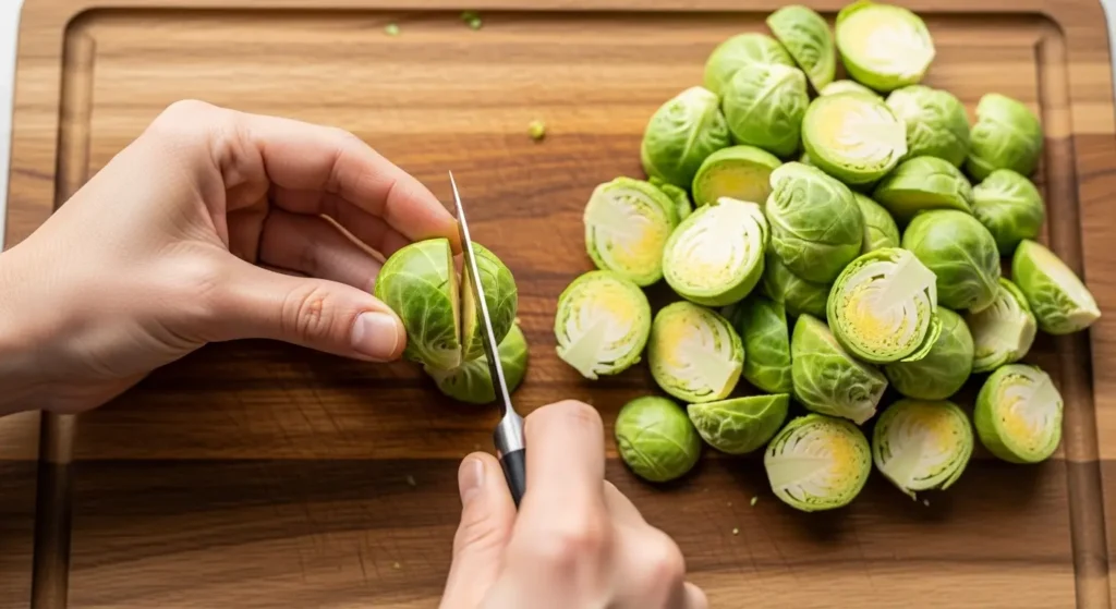Trimming and halving Brussels sprouts for Honey-Mustard Air Fryer Brussels Sprouts