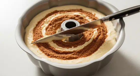 Swirling layers in Cinnamon Roll Bundt Cake with Cream Cheese Glaze