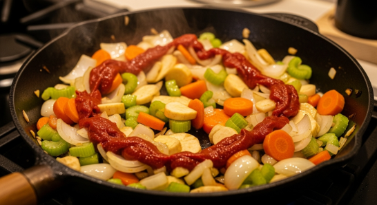 Aromatics and tomato paste sautéing for hearty soup