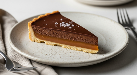 salted caramel chocolate tart slice with glossy ganache and sea salt