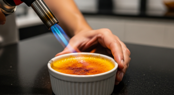 Pumpkin Crème Brûlée sugar being torched to a glassy caramel top