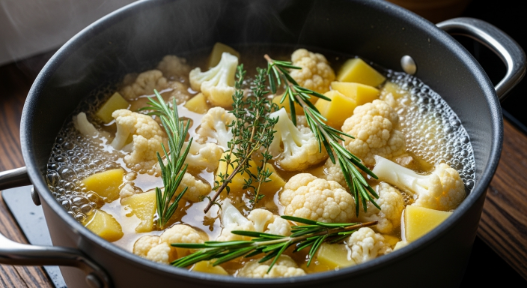 Cauliflower and potato simmering in broth with herbs