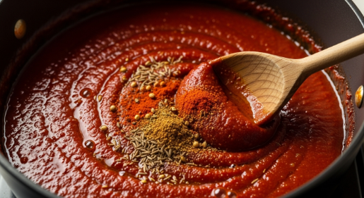 Tomato paste and spices blooming for Moroccan Lentil and Pumpkin Stew