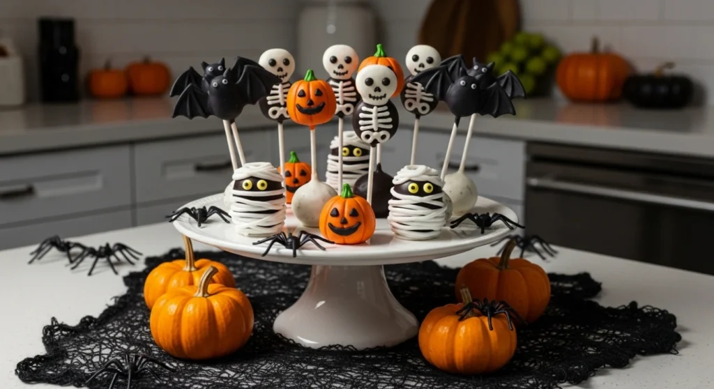 Close-up of Halloween cake pops with orange sprinkles and chocolate drizzle