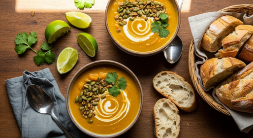 Final bowls of Pumpkin Coconut Curry Soup with lime and bread