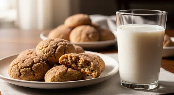 Plate of soft cinnamon sugar cookies served with milk