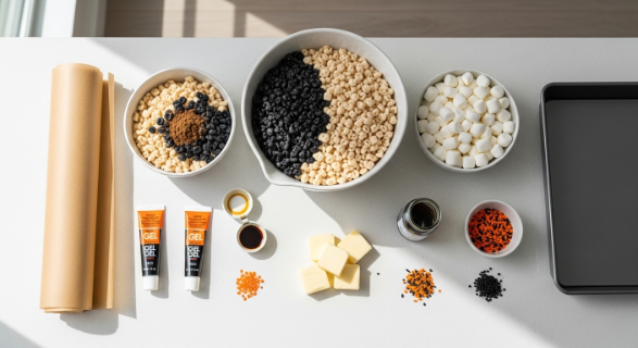 Flat lay of cereal, marshmallows, butter, orange and black gel colors, and black cocoa for Rice Krispie treats
