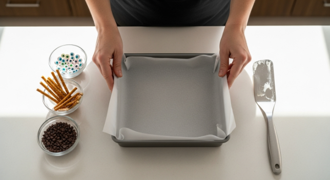Lining an 8×8 pan with parchment and setting out bowls of decorations in a modern kitchen