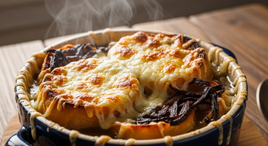 Crock of French Onion Soup with bubbling Gruyère and baguette toasts