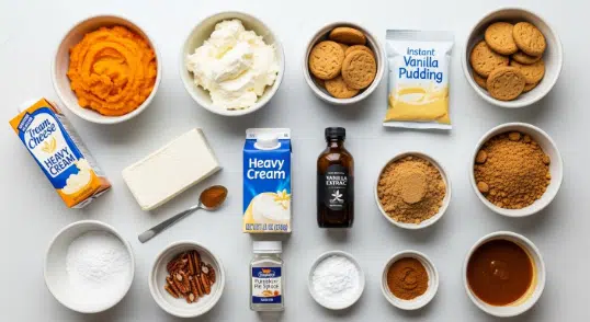 ingredients for pumpkin spice trifle with gingersnap layers flat lay