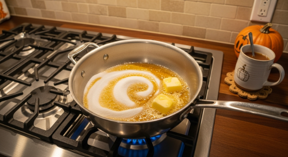 Sugar, corn syrup, and butter melting together in a saucepan for homemade candy corn recipe