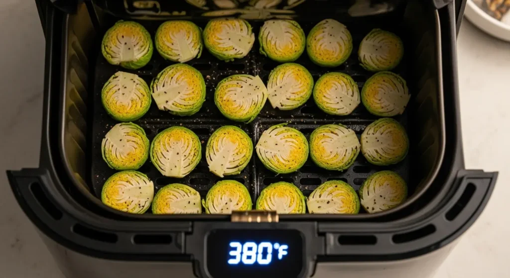Air fryer basket at 380°F for Honey-Mustard Air Fryer Brussels Sprouts