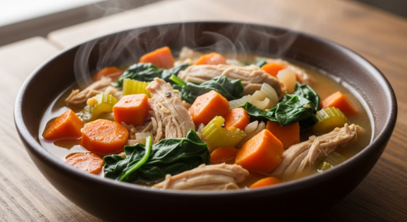 Hearty Slow Cooker Chicken and Sweet Potato Stew in a bowl with spinach and carrots