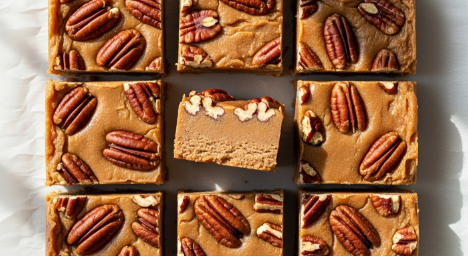 maple pecan fudge squares hero close-up with toasted pecans
