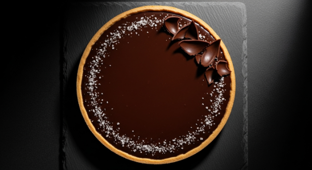 whole salted caramel chocolate tart topped with flaky sea salt