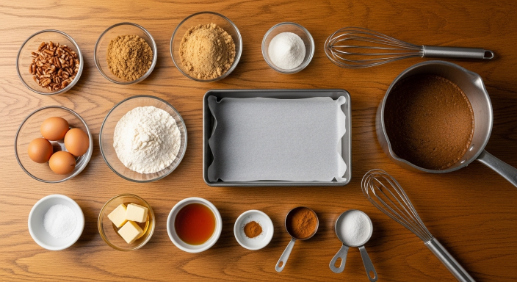 Brown Butter Pecan Bars ingredients flat lay with pecans, brown sugar, flour, butter, honey, eggs