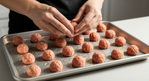 Forming turkey meatballs for Italian Wedding Soup with Fall Vegetables