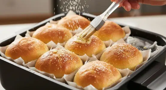 Brushing garlic butter and Parmesan on hot air fryer rolls