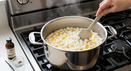 Melting butter and mini marshmallows in a pot over low heat