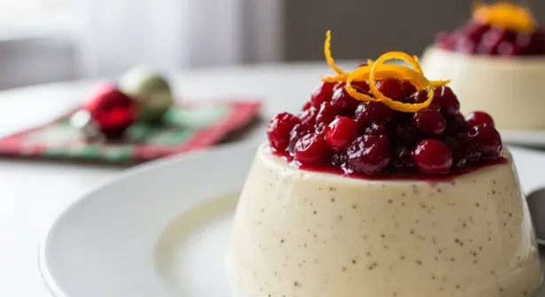 Vanilla Bean Panna Cotta with Cranberry Compote topped with orange zest