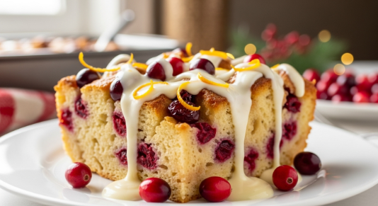 Slice of Cranberry Orange Bread Pudding with vanilla sauce and orange zest