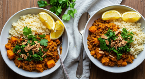 Final bowl of Moroccan Lentil and Pumpkin Stew with couscous and herbs