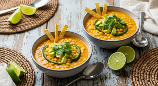Bowls of creamy corn and poblano chowder with toppings