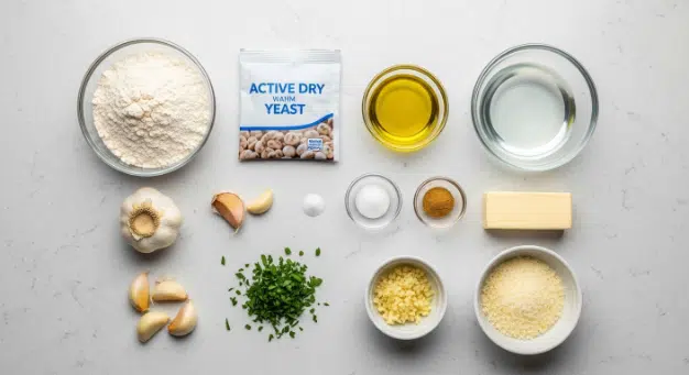 Flat lay of ingredients for no-knead air fryer garlic-parmesan rolls