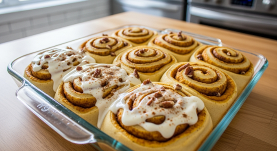 Freshly cut pumpkin cinnamon roll spirals nestled in a greased baking dish, ready for the second rise in a cozy, modern kitchen setting.