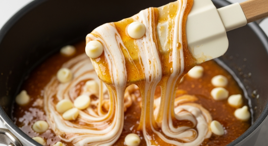 o melting white chocolate into maple fudge mixture for maple pecan fudge squares