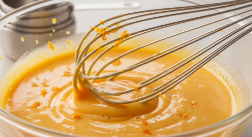 Whisking orange custard for Cranberry Orange Bread Pudding with visible zest