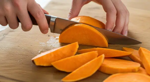Cutting sweet potatoes into even ½-inch wedges for maple-cinnamon air fryer sweet potato wedges