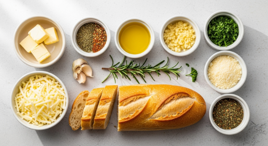 Ingredients for cheesy garlic bread recipe arranged overhead
