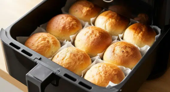 Rolls mid-bake in an air fryer basket on parchment