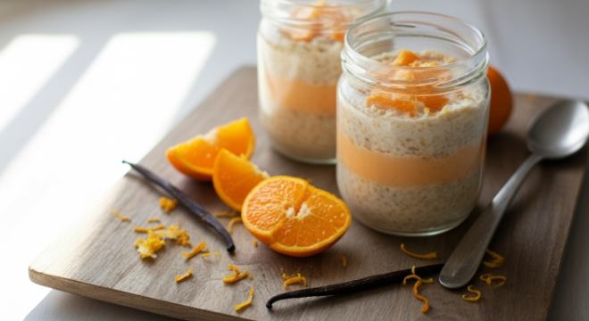 Two jars of Orange Creamsicle Overnight Oats ready to serve