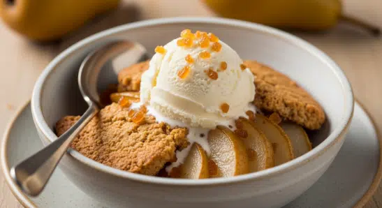 Warm serving of Rustic Pear Ginger Cobbler with dairy-free ice cream