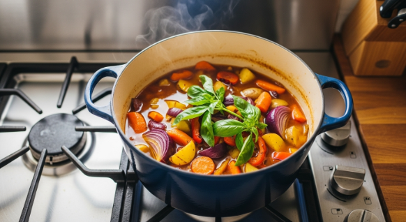 Simmering tomatoes and basil stems for Roasted Tomato Basil Soup