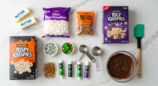Flat lay of Halloween Monster Rice Krispies ingredients on a modern kitchen counter