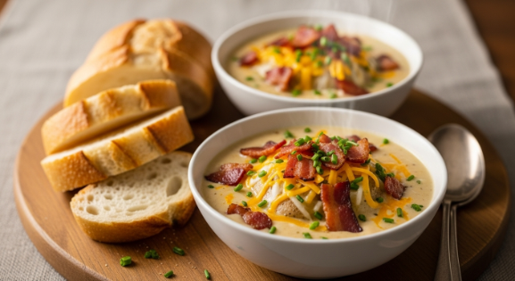Final bowl of Loaded Baked Potato Soup with toppings and bread