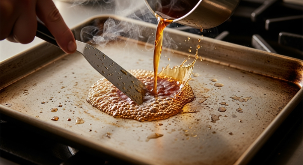 Deglazing sheet pan with broth for Roasted Tomato Basil Soup