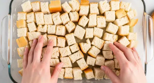 Bread cubes in a 9×13 pan for Pumpkin Spice French Toast Bake