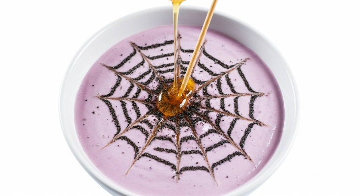 Drawing a yogurt spiderweb on a spooky smoothie bowl