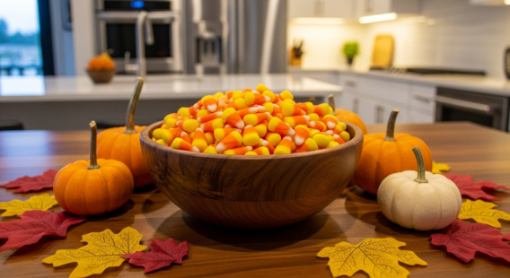 Homemade candy corn dough strips in orange, yellow, and white being cut into triangle pieces