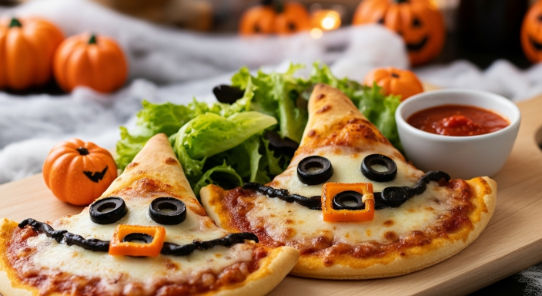 Witch Hat Pizza Recipe served with salad and dipping sauce