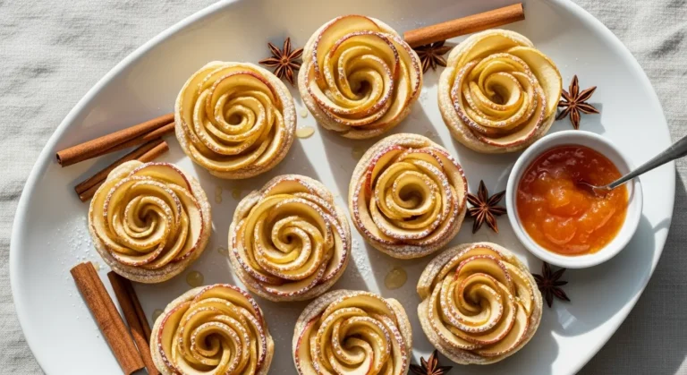 Mini Apple Rose Tarts on a platter with glossy cinnamon-honey glaze